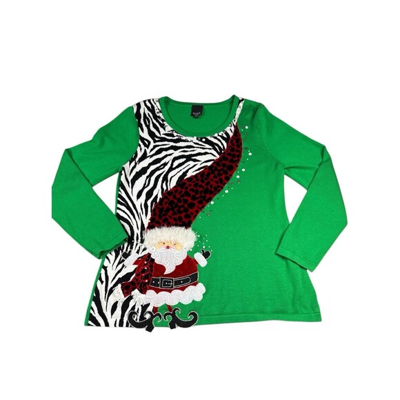 Ugly Christmas Sweater Women’s Large Green Santa Zebra Print Long Sleeve Holiday - Picture 1 of 8